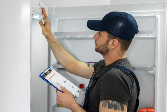 A repairman inspects a fridge interior, holding a clipboard